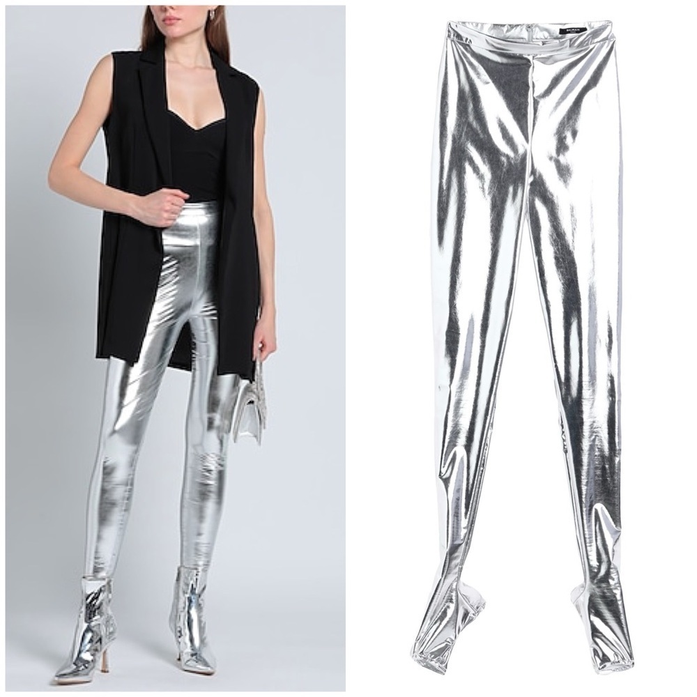 NWT Balmain Metallic Vinyl Stirrup Leggings In Silver Stretch Runway Sz 36